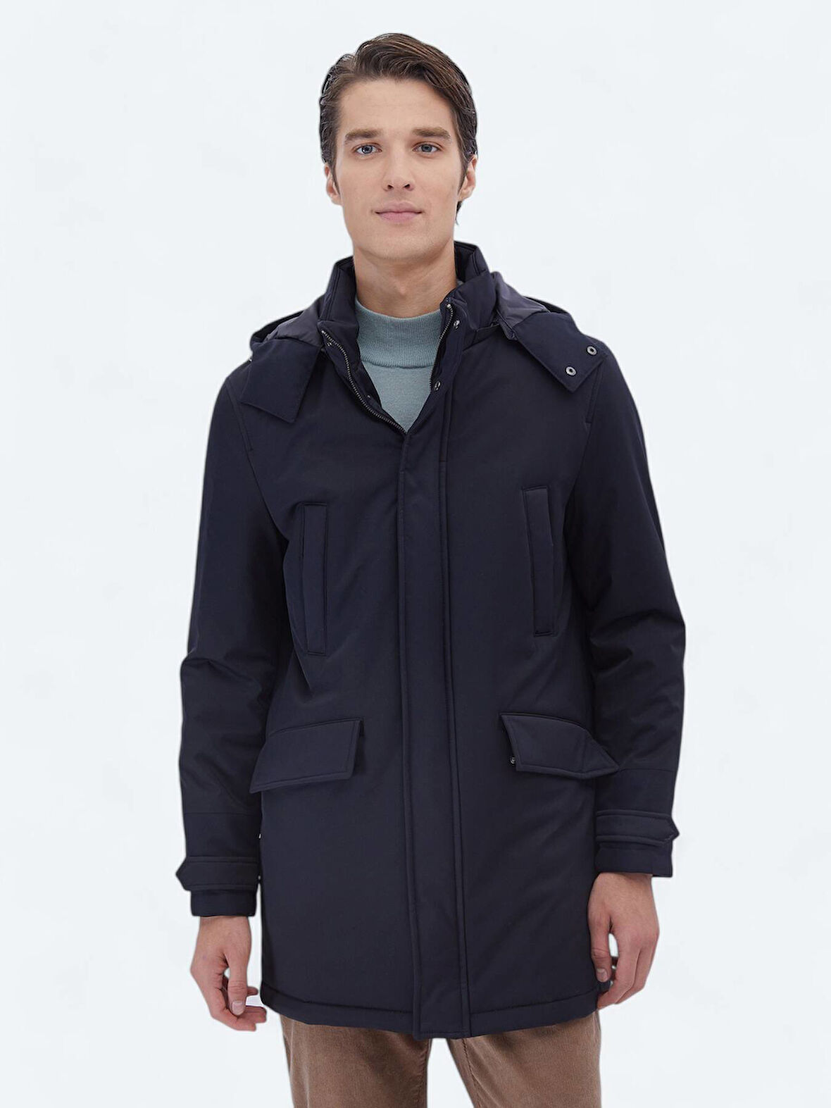 Lacivert Regular Fit Kapüşonlu Casual Dokuma Kaban