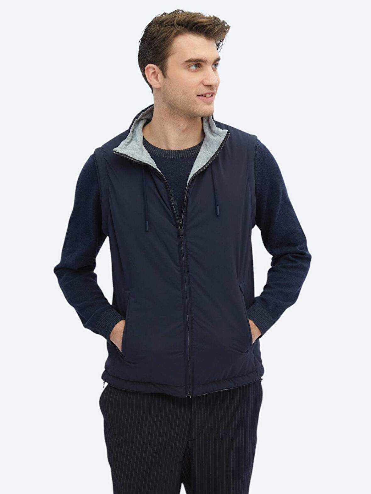 Lacivert Regular Fit Dik Yaka Casual Dokuma Spor Yelek
