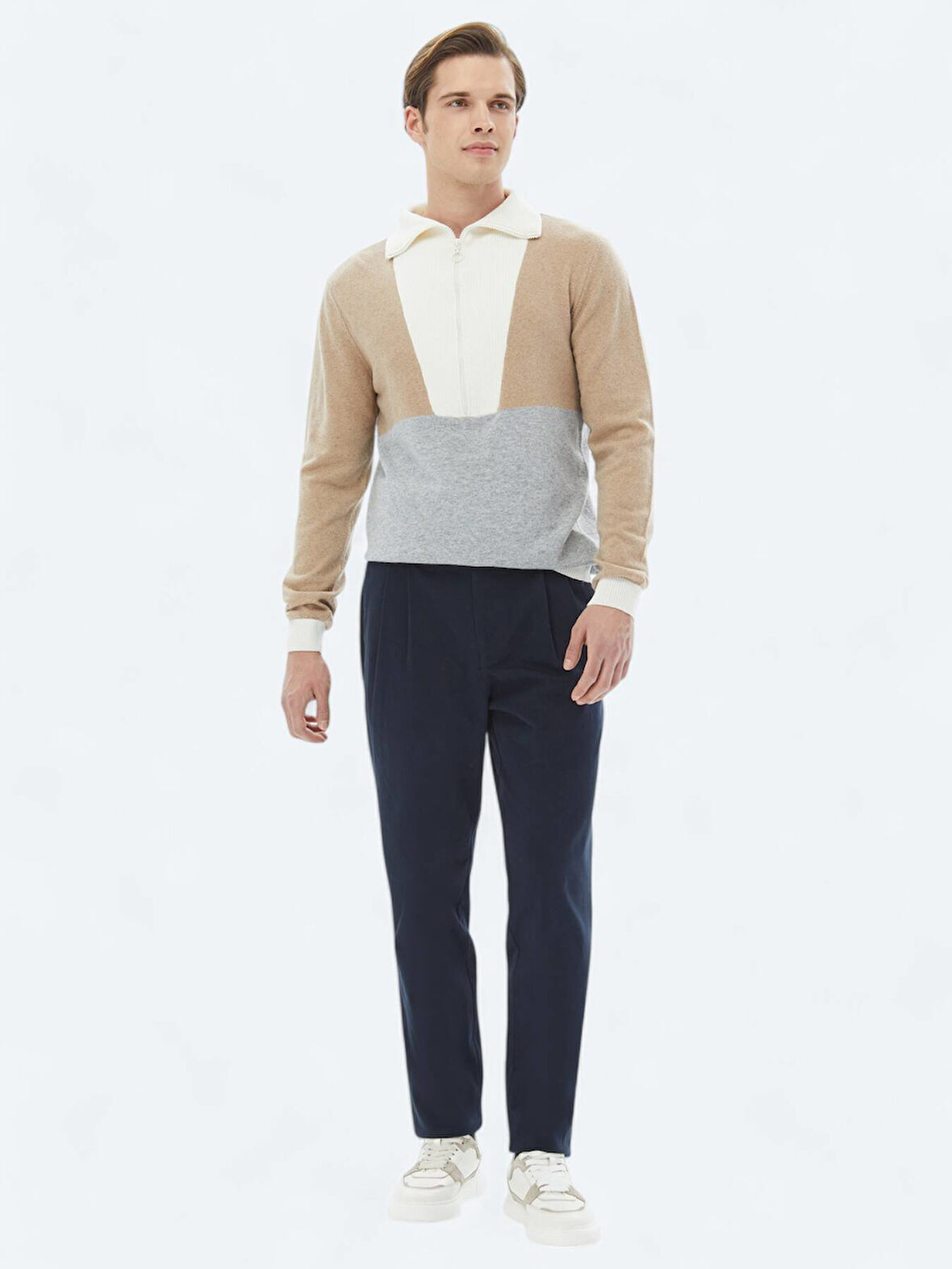 Lacivert Dokuma Carrot Fit Casual Pamuk Karışımlı Pantolon