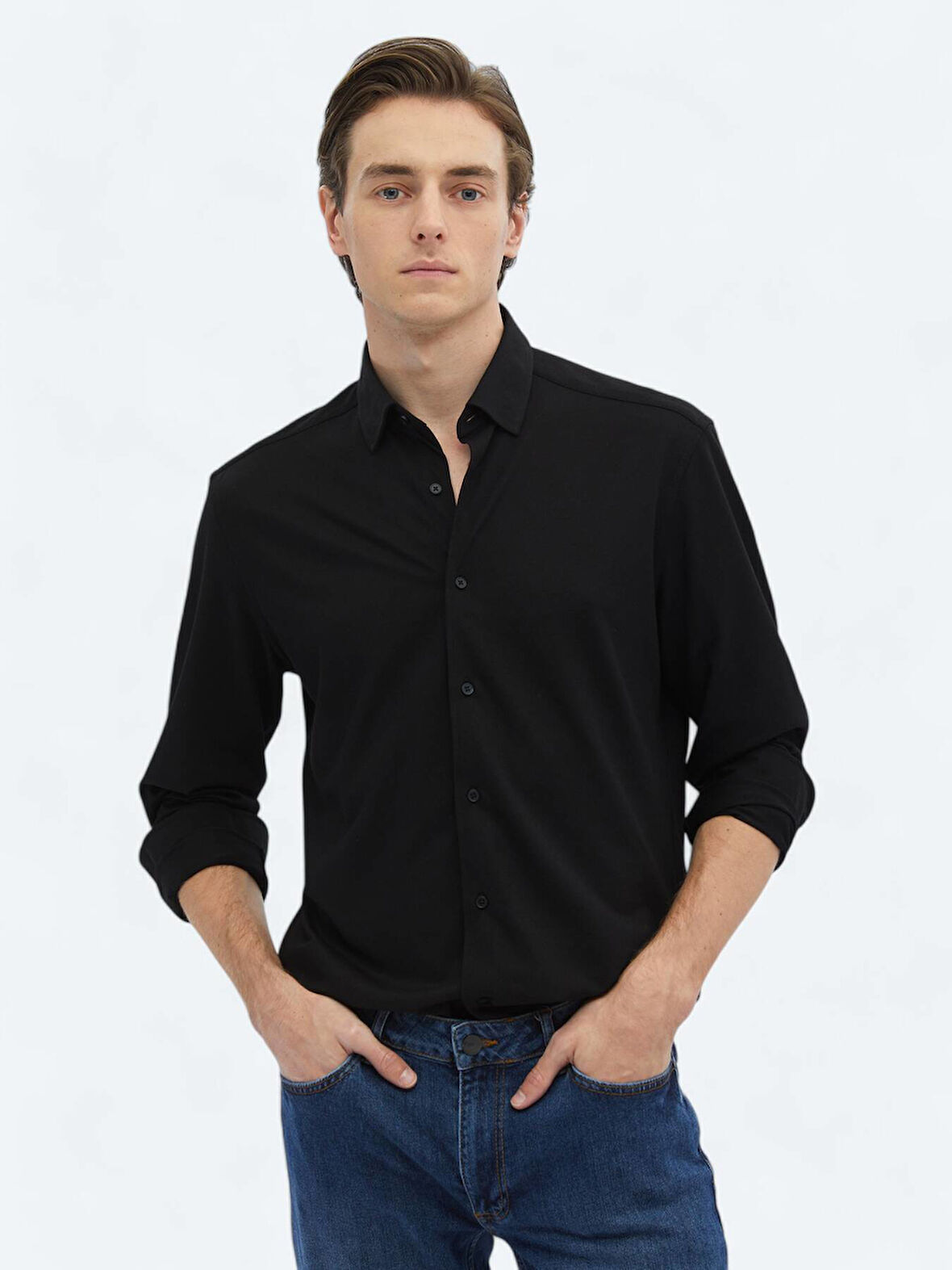 Siyah Regular Fit Casual Pamuk Karışımlı Gömlek