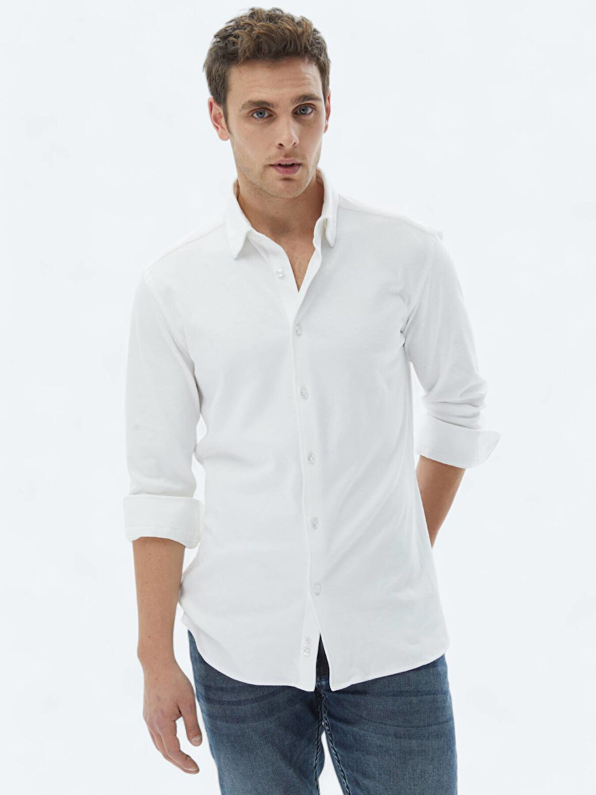 Beyaz Düz Regular Fit Dokuma Casual %100 Pamuk Gömlek