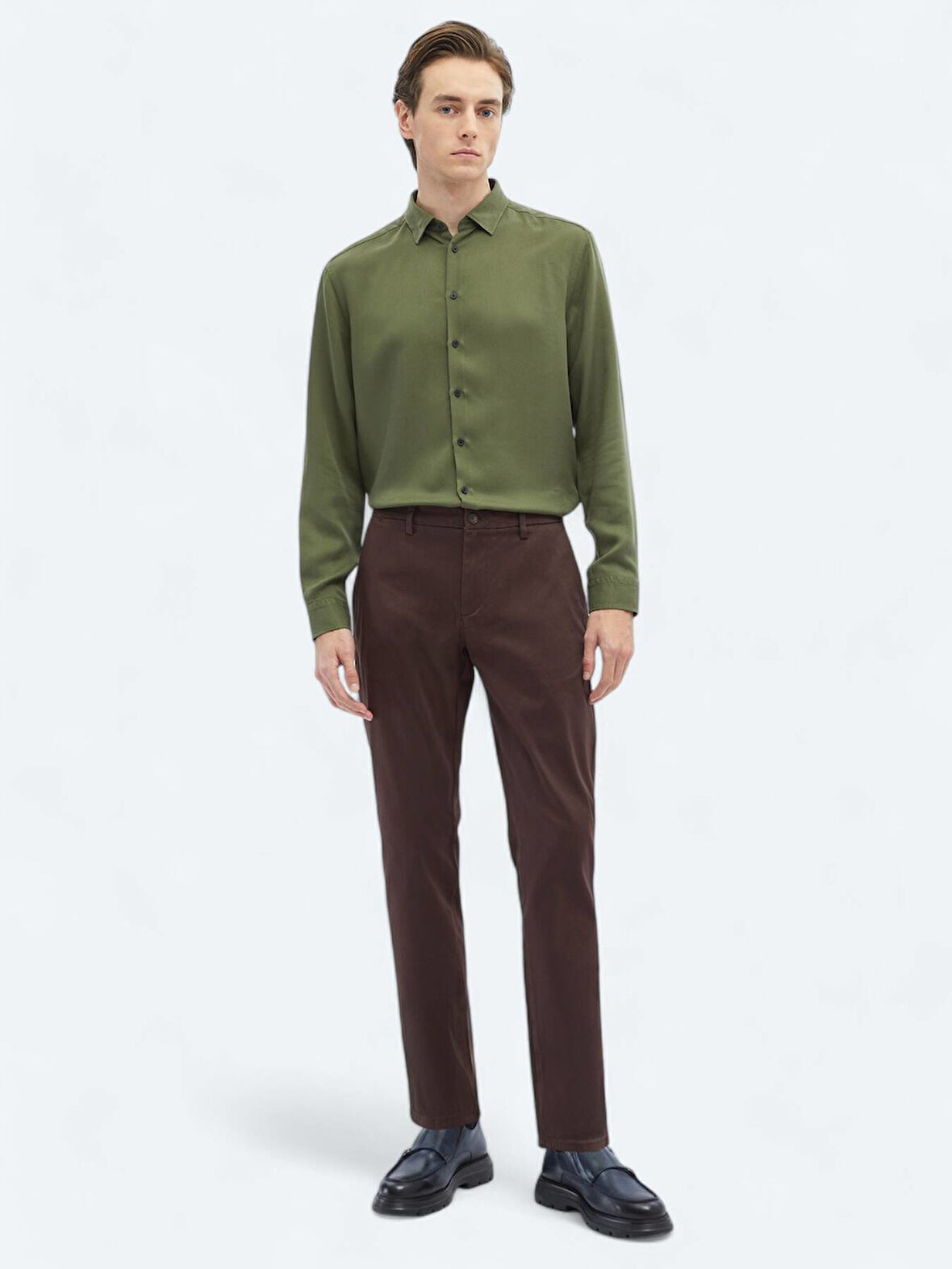 Koyu Kahve Dokuma Regular Fit Casual Pamuk Karışımlı Pantolon