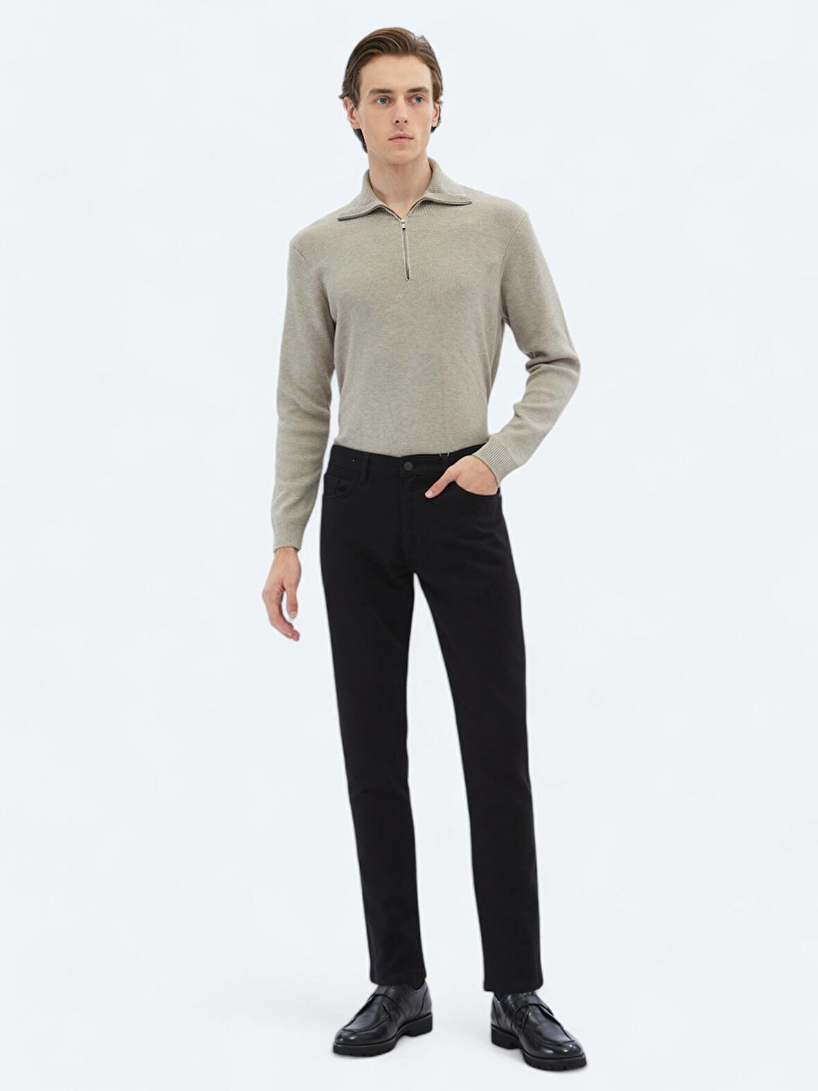 Siyah Dokuma Slim Fit Casual Pamuk Karışımlı Pantolon