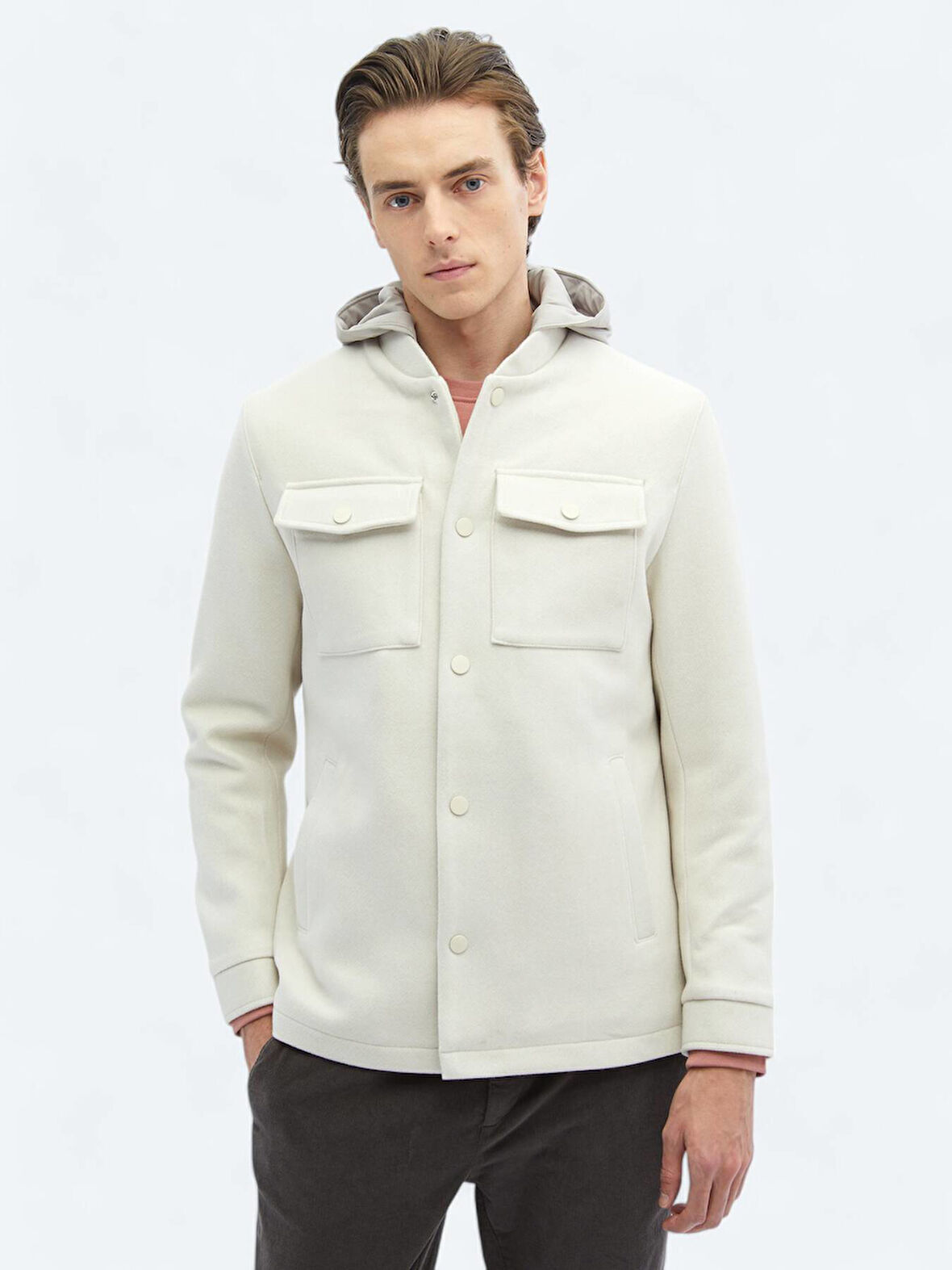 Açık Bej Regular Fit Kapüşonlu Casual Dokuma Mont