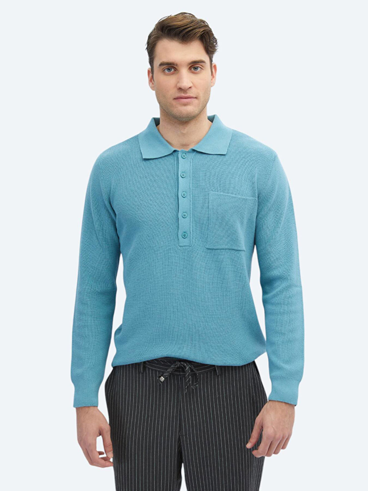 Koyu Mint Polo Yaka Selanik Pamuk Karışımlı Triko Kazak