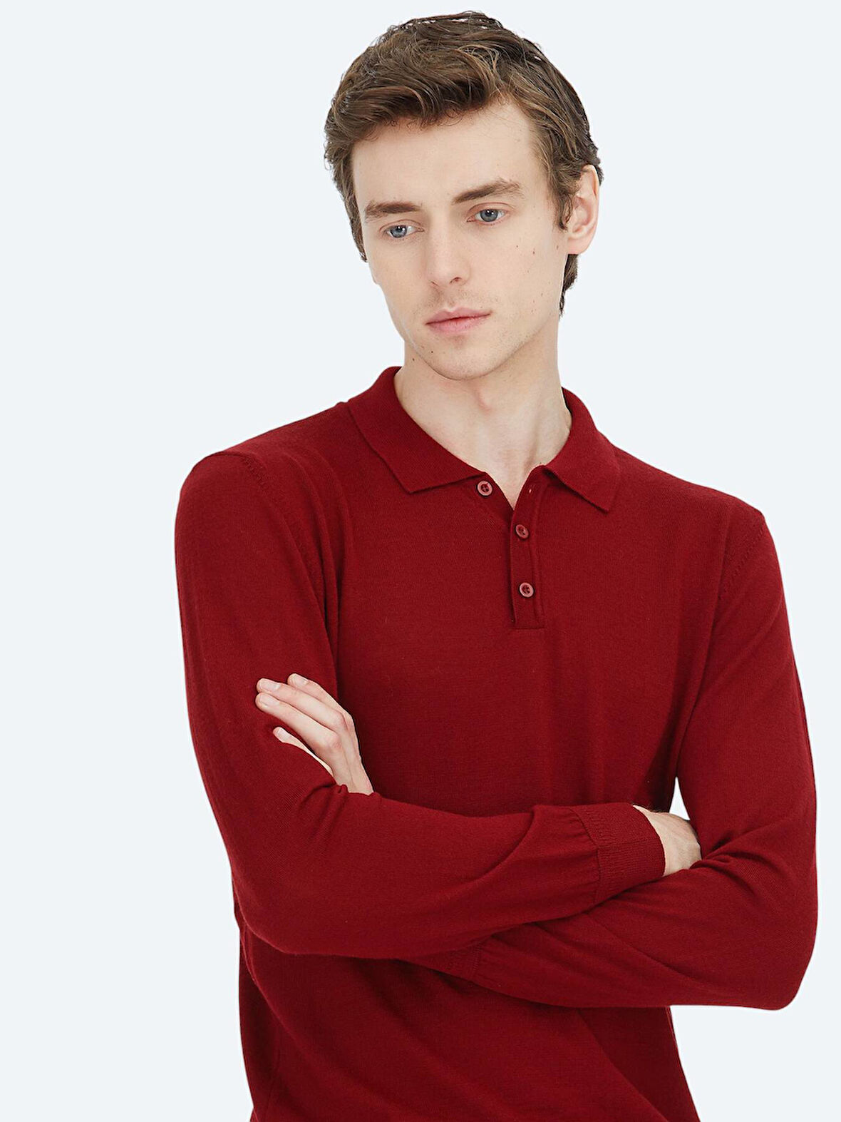 Kırmızı Polo Yaka Düz Örgü Yün Karışımlı Triko Kazak