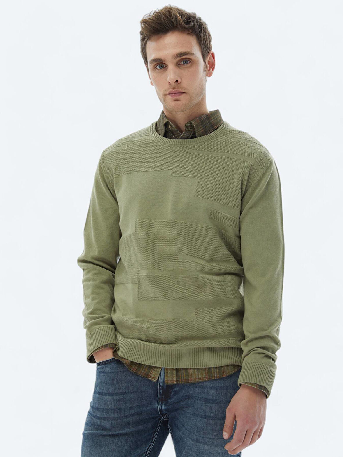 Açık Yeşil Bisiklet Yaka Jakarlı Yün Karışımlı Triko Kazak