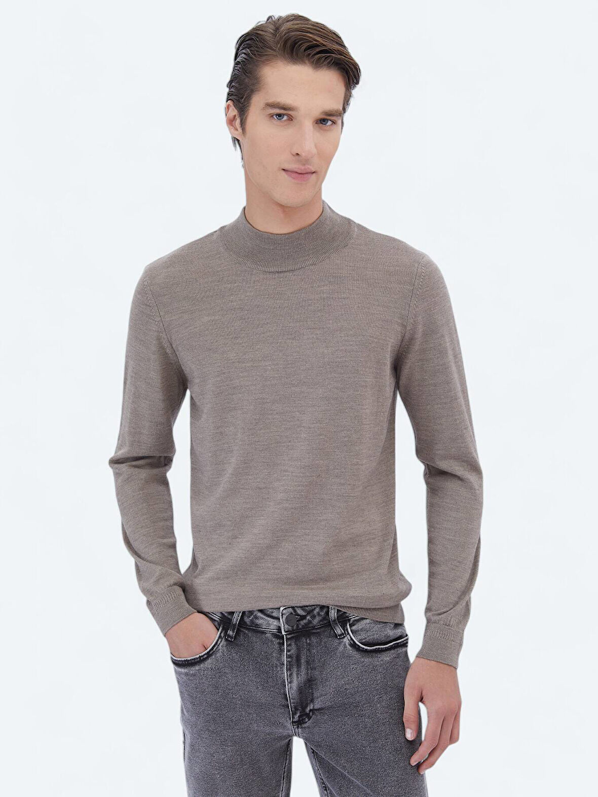 Vizon Yarım Balıkçı Yaka Düz Örgü Yün Karışımlı Triko Kazak