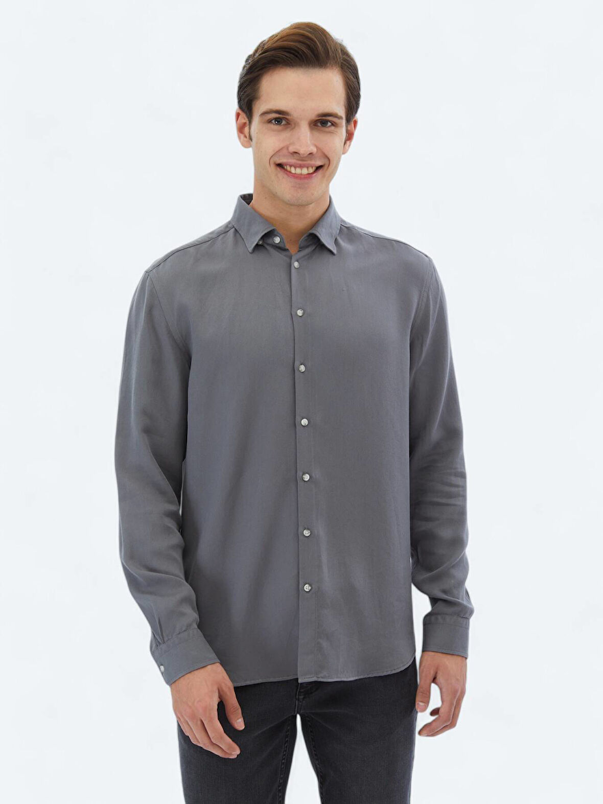 Gri Fitilli Regular Fit Dokuma Casual Gömlek