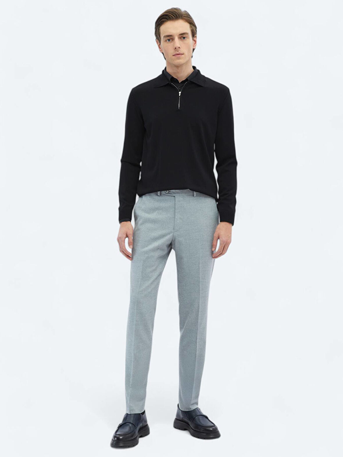 Gri Düz Dokuma Fitted Fit Klasik Pantolon