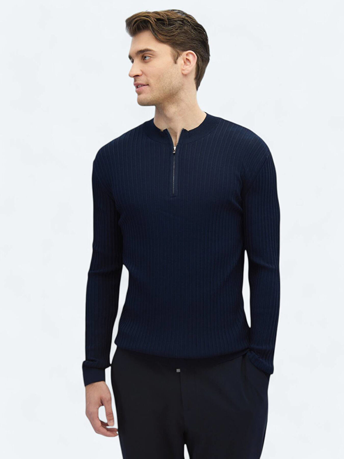 Lacivert Yarım Balıkçı Yaka Desenli Triko Kazak