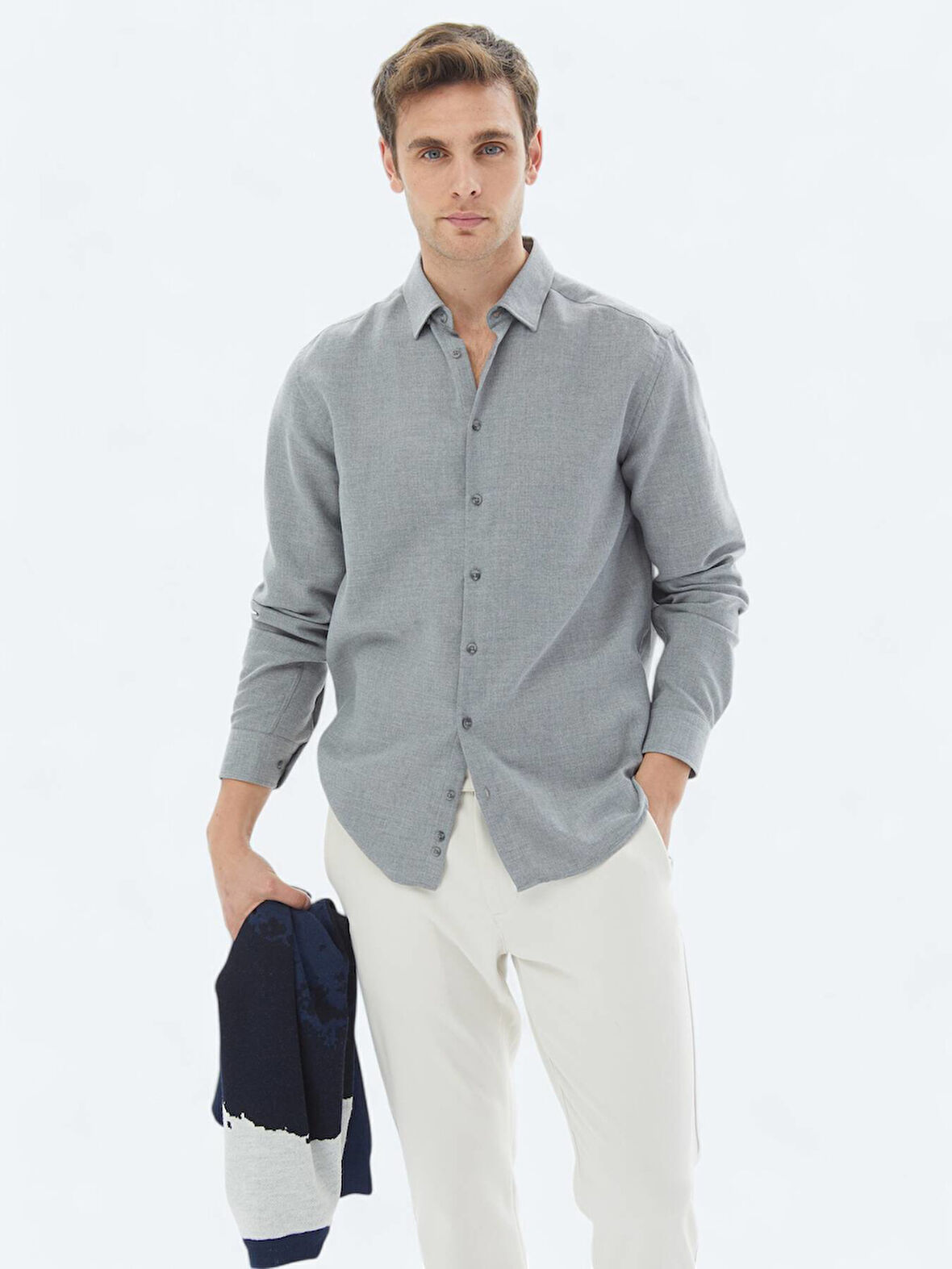 Gri Düz Regular Fit Dokuma Casual Pamuk Karışımlı Gömlek