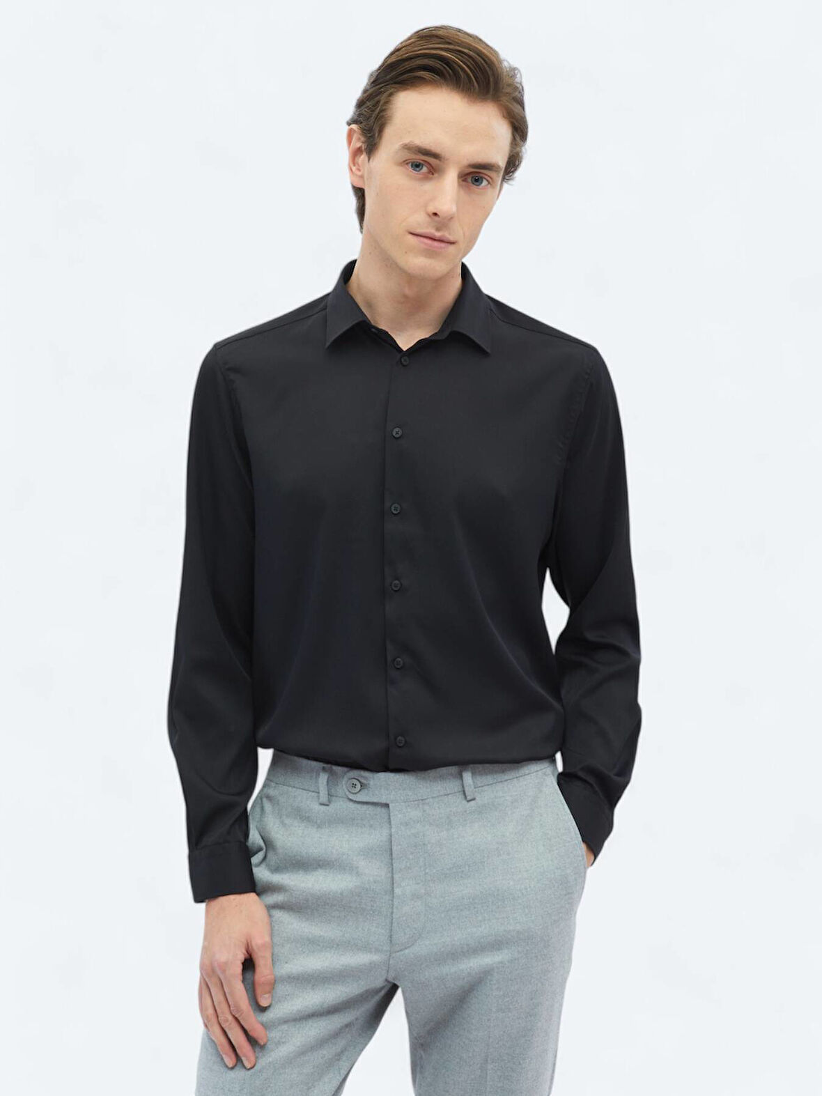 Siyah Düz Regular Fit Dokuma Casual Gömlek