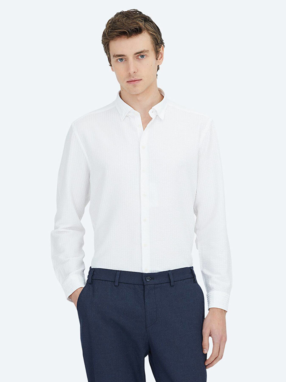 Beyaz Regular Fit Dokuma Casual Gömlek