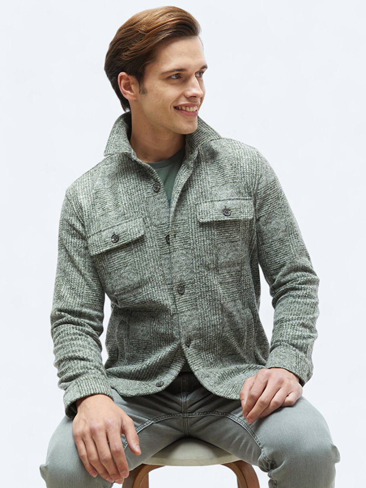 Haki Kareli Regular Fit Yün Karışımlı Overshırt