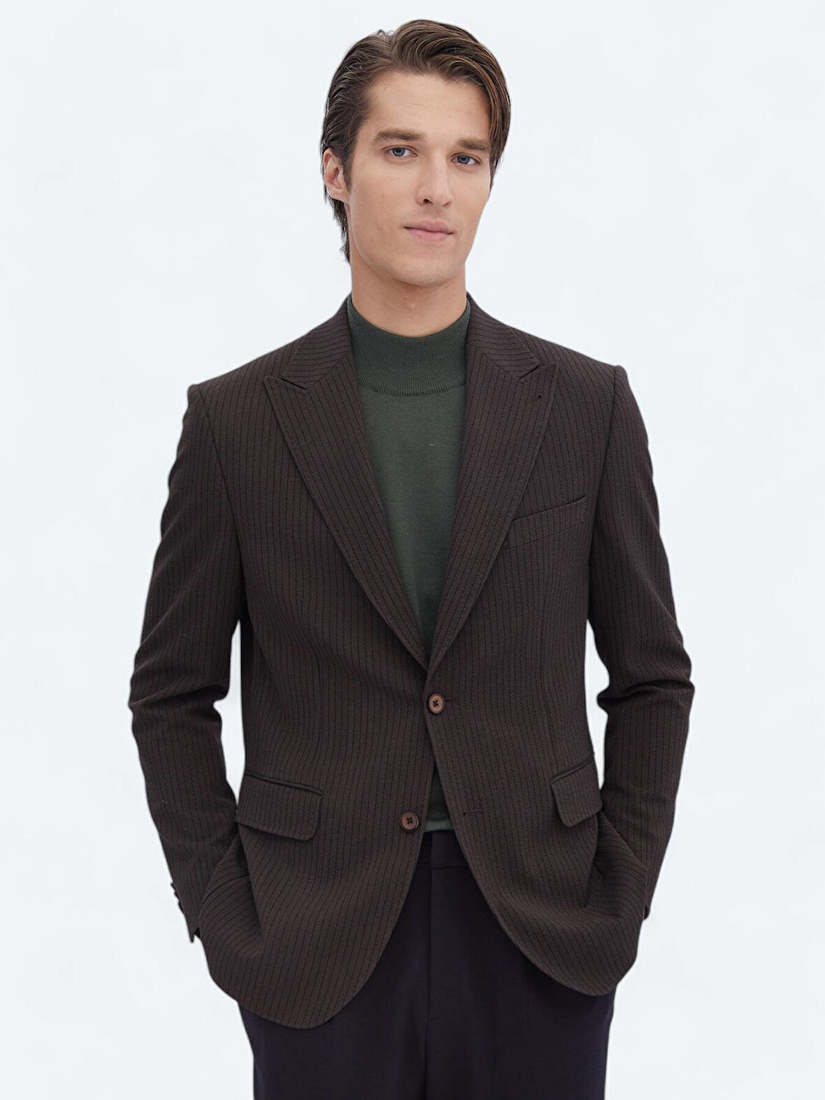 Kahverengi Çizgili Modern Fit Ceket