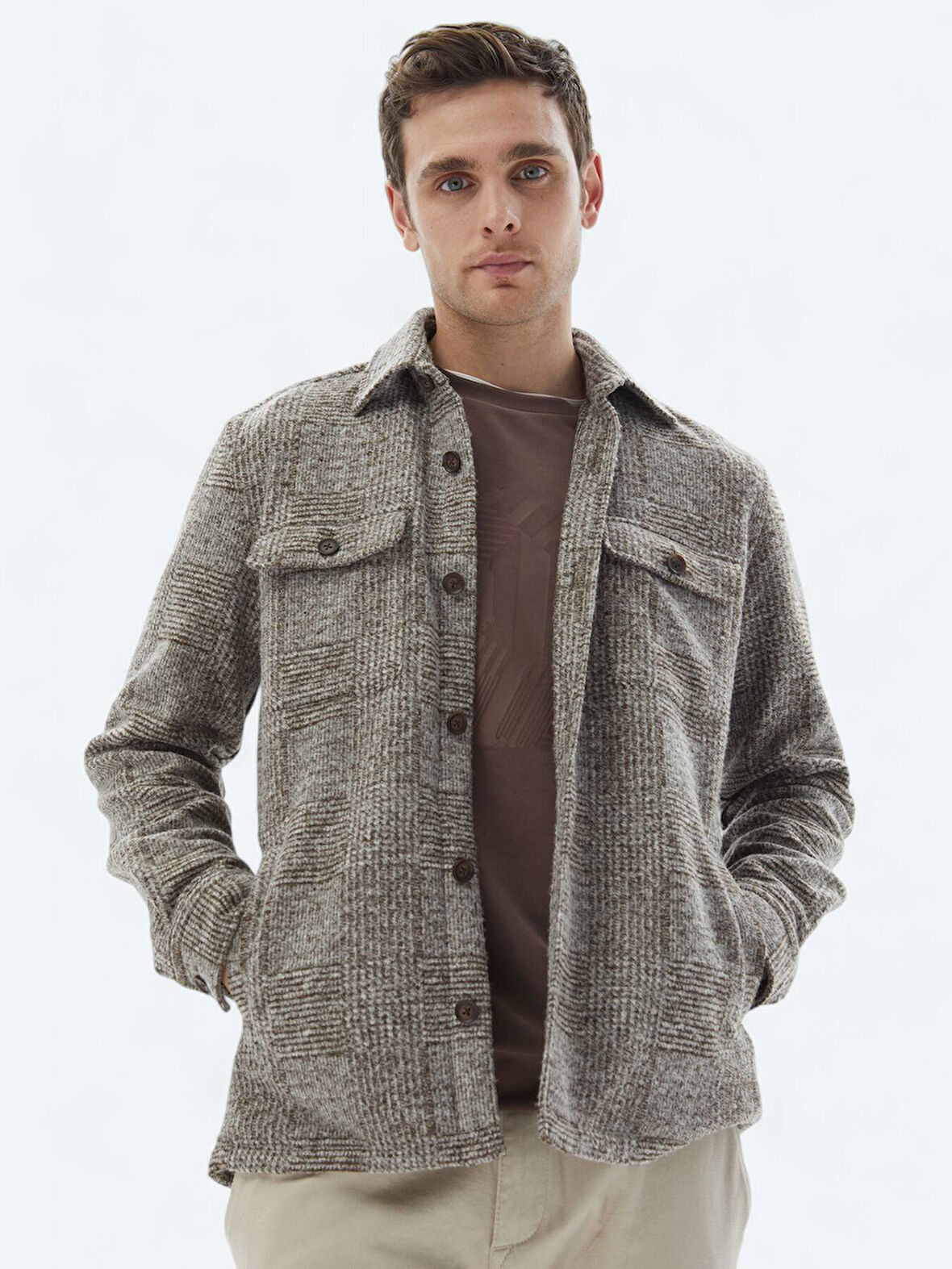 Kahverengi Kareli Regular Fit Yün Karışımlı Overshırt