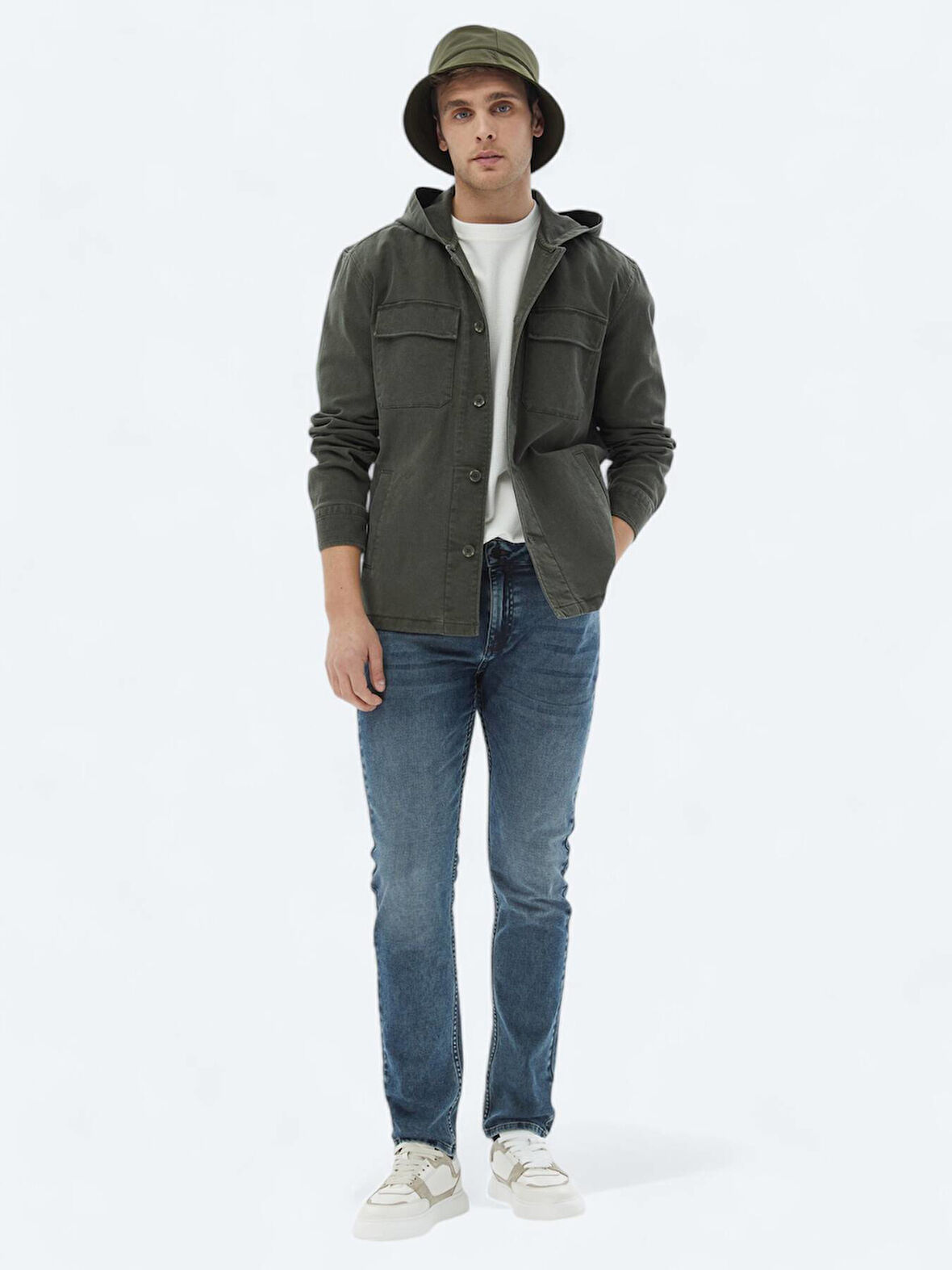 Haki Düz Oversize Fit Dokuma Pamuk Karışımlı Overshırt