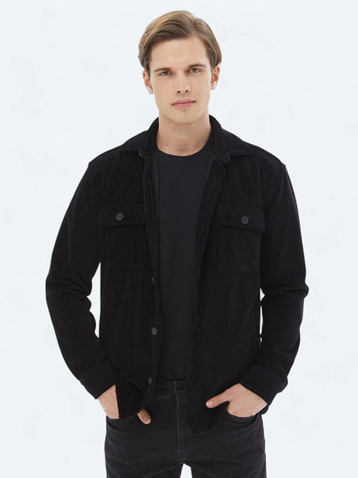 Siyah Düz Oversize Fit Pamuk Karışımlı Overshırt