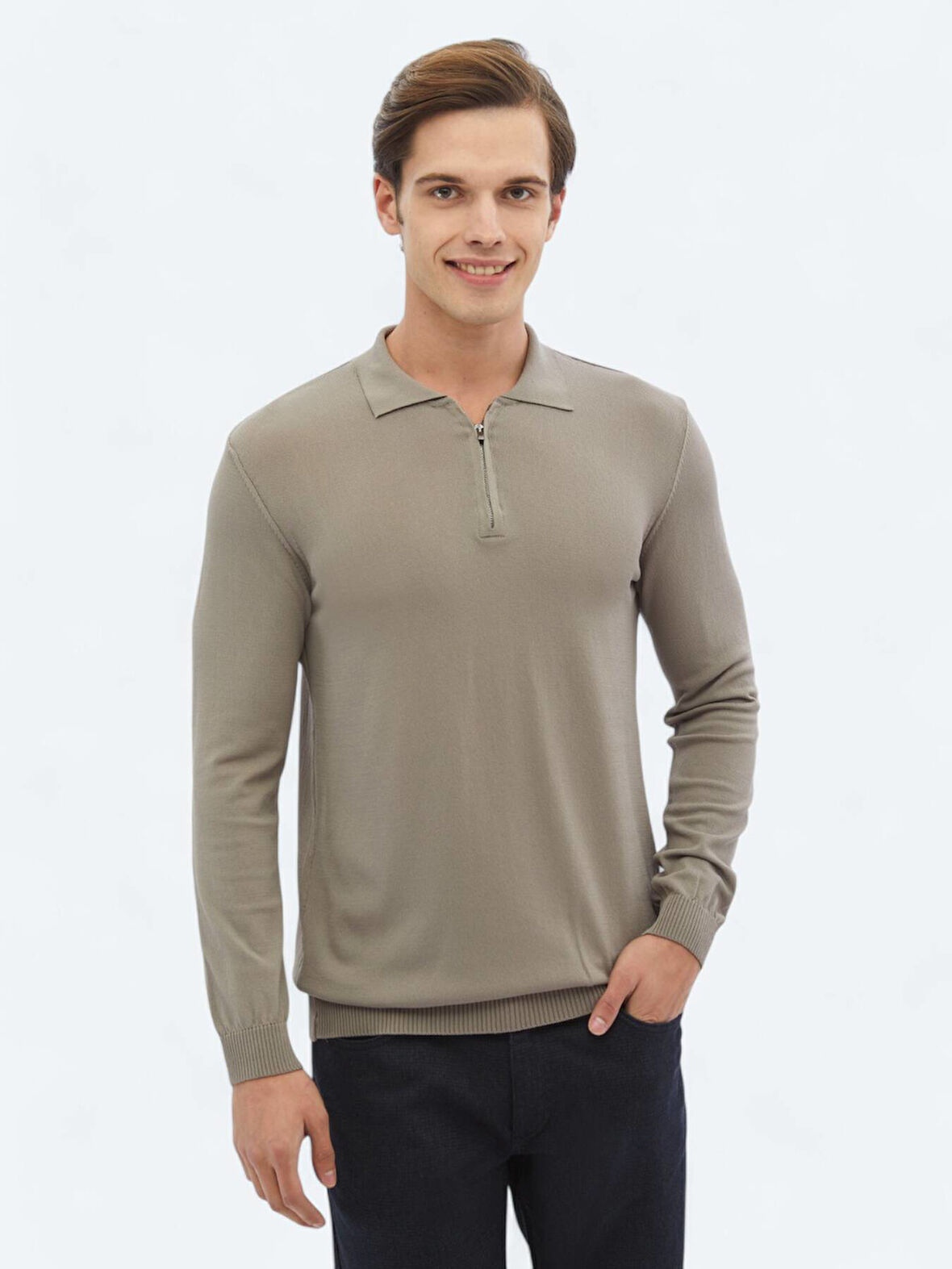 Açık Vizon Polo Yaka Düz Örgü Triko Kazak