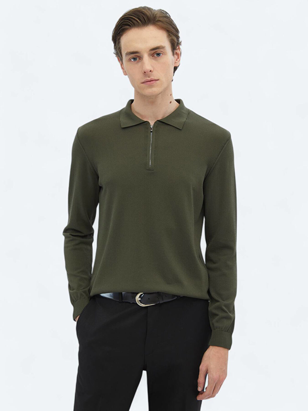 Haki Polo Yaka Düz Örgü Triko Kazak