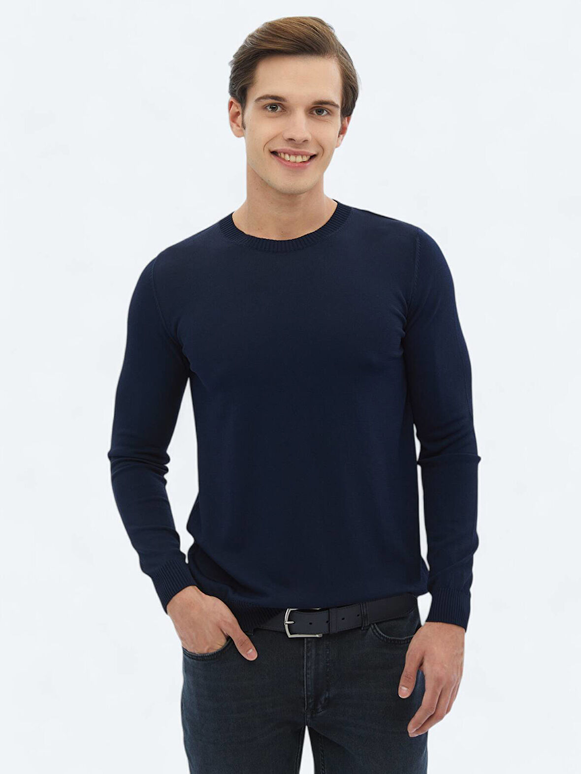 Lacivert Bisiklet Yaka Düz Örgü Triko Kazak