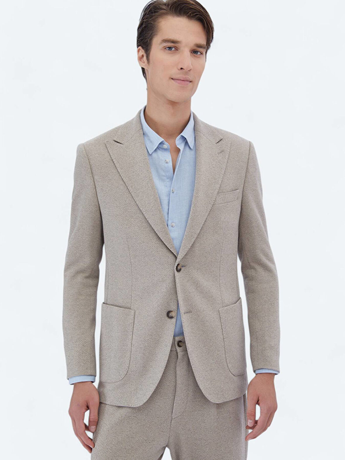 Bej Desenli Modern Fit Pamuk Karışımlı Örme Takım Elbise