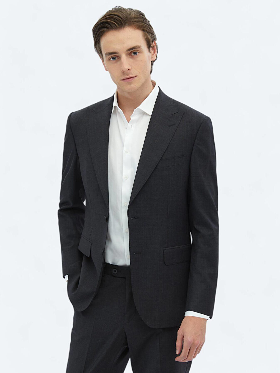 Antrasit Çizgili Modern Fit Yün Karışımlı Takım Elbise