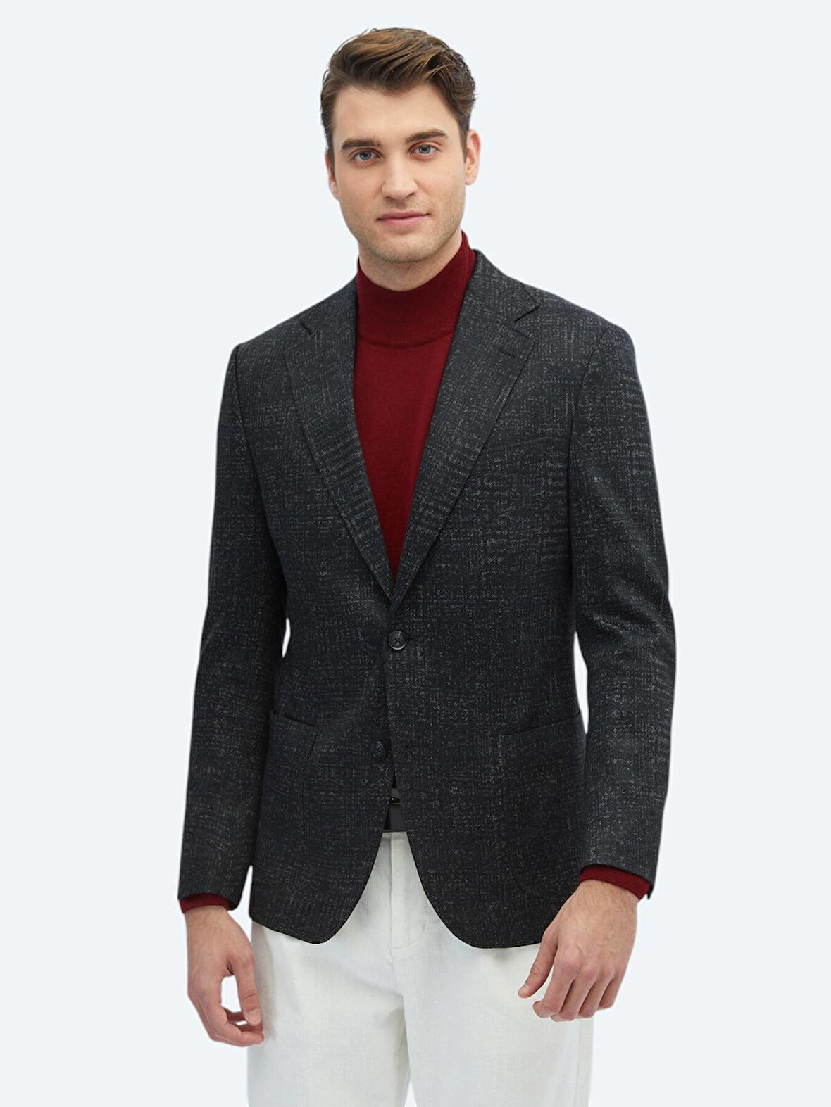 Siyah Desenli Comfort Fit Yün Karışımlı Örme Ceket