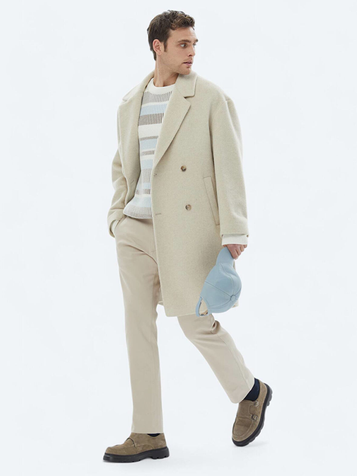 Açık Bej Oversize Fit Kruvaze Yaka Klasik Dokuma Palto