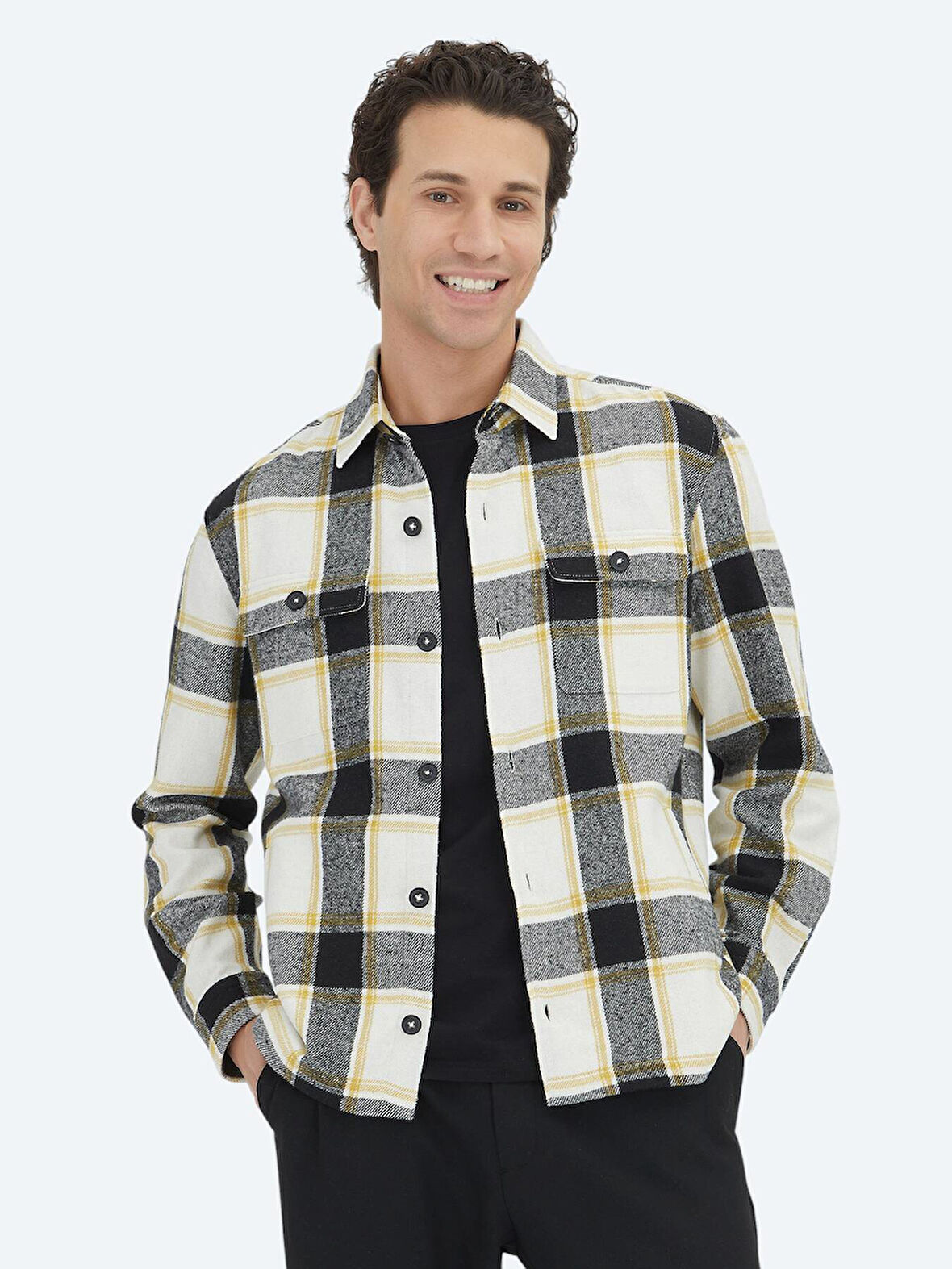 Bej Kareli Regular Fit Dokuma Yün Karışımlı Overshırt