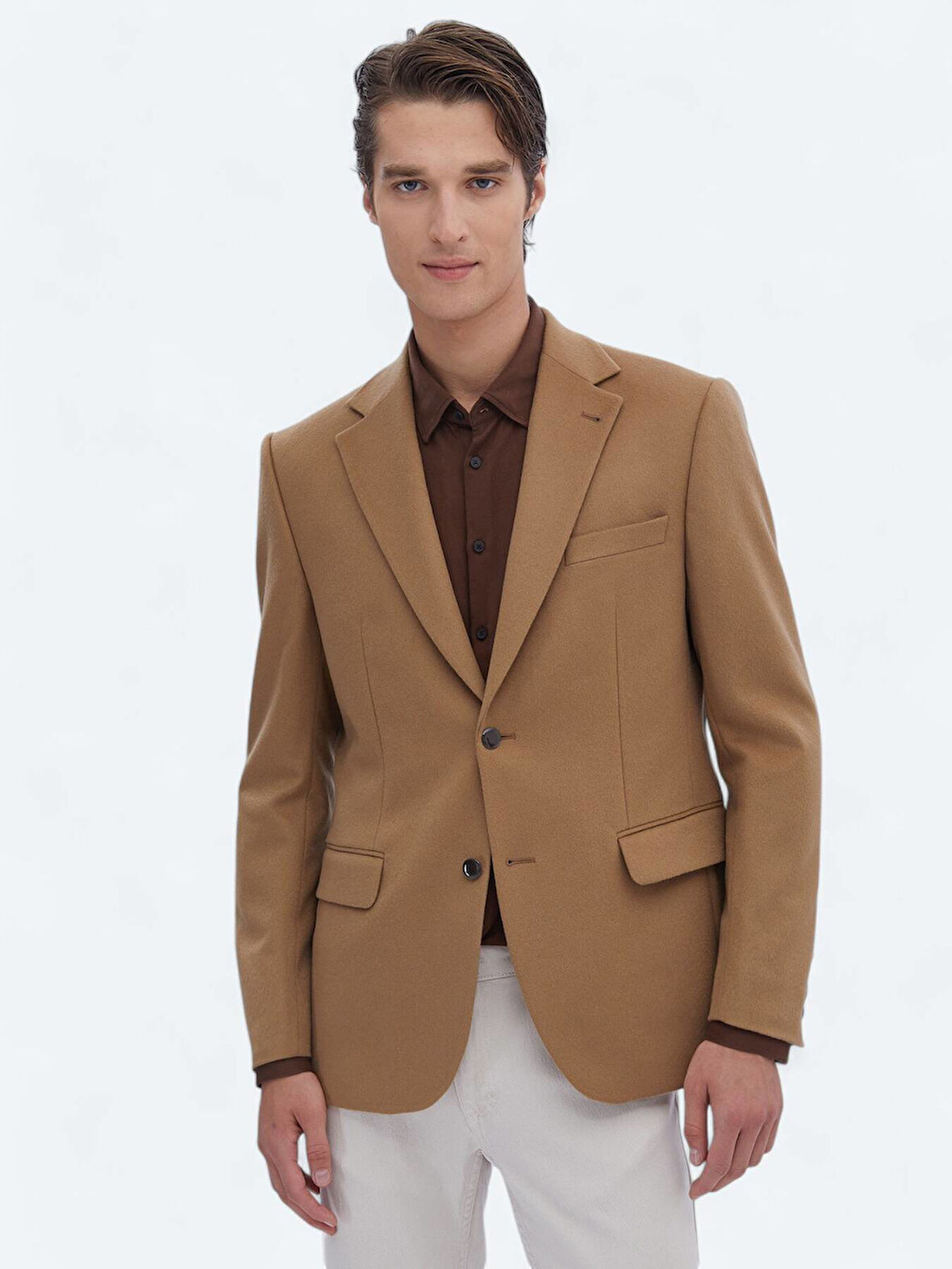 Deve Tüyü Düz Modern Fit Yün Karışımlı Ceket