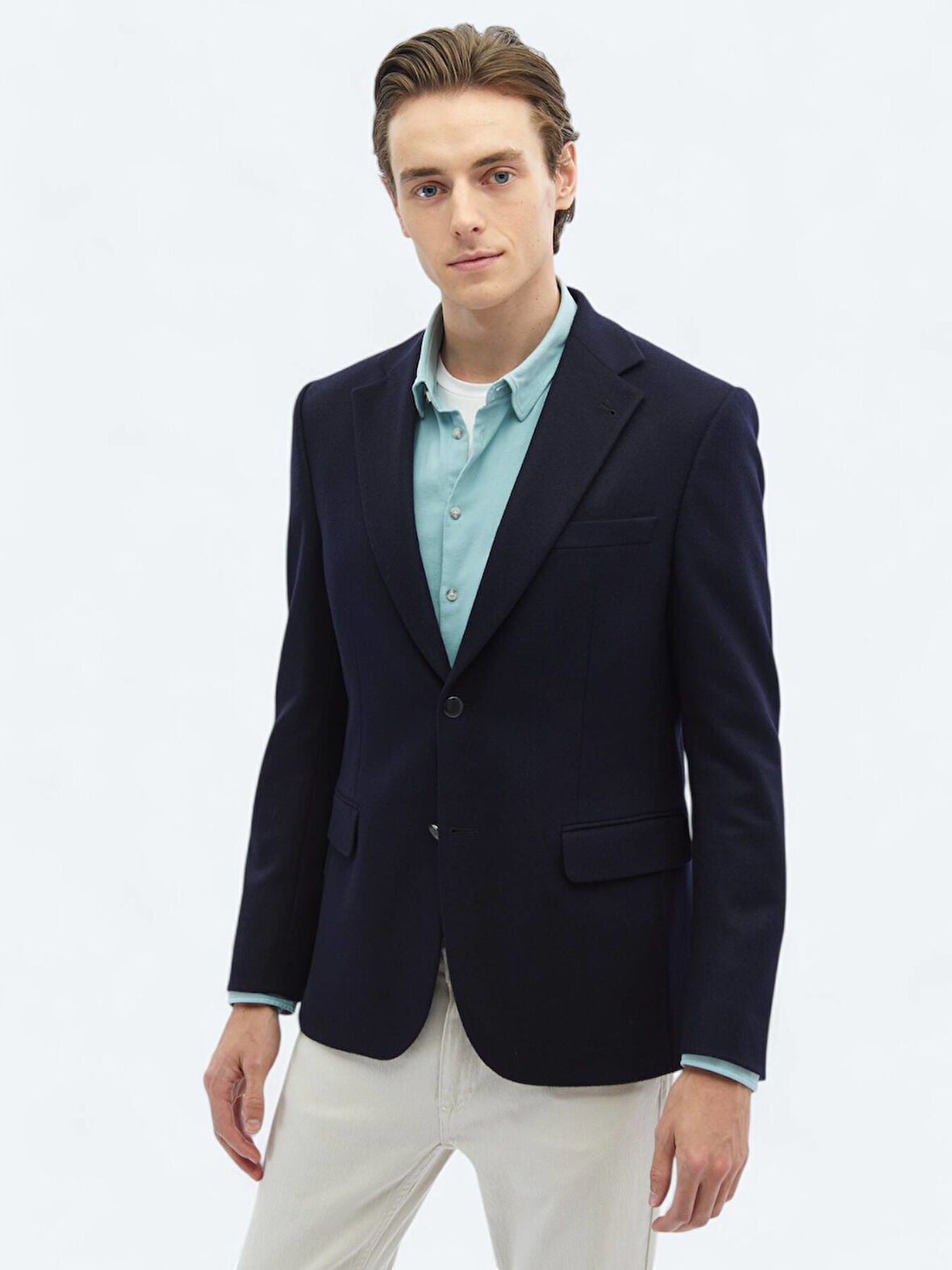 Lacivert Düz Modern Fit Yün Karışımlı Ceket
