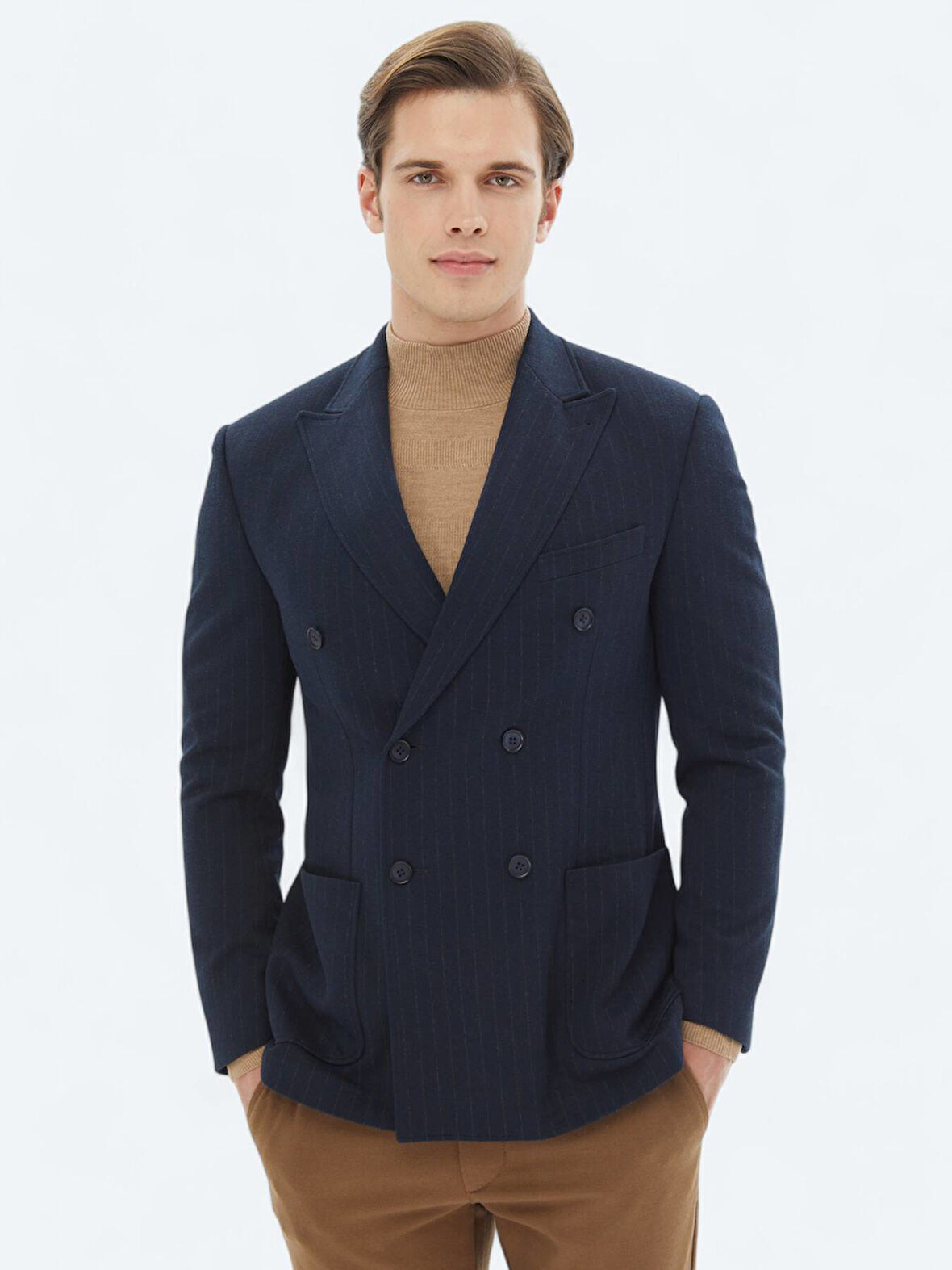 Lacivert Çizgili Modern Fit Örme Ceket