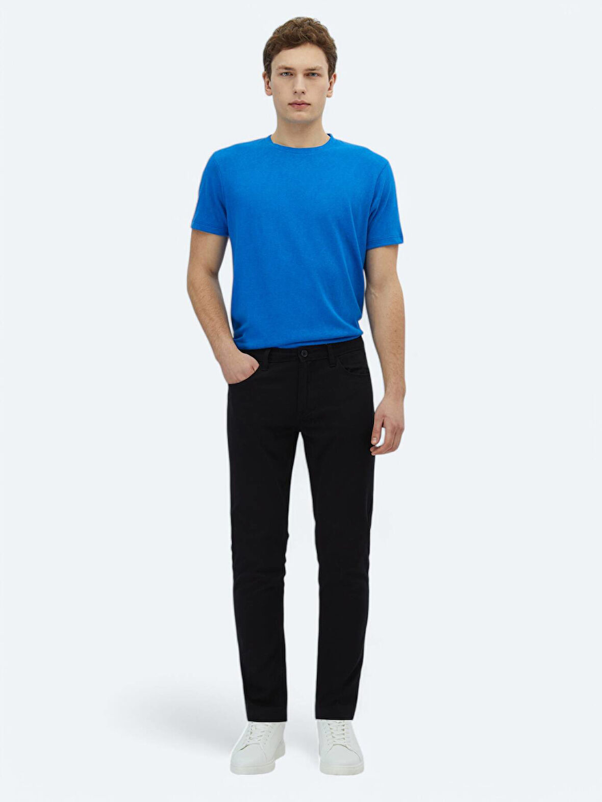 Siyah Düz Dokuma Slim Fit Casual Pamuk Karışımlı Pantolon