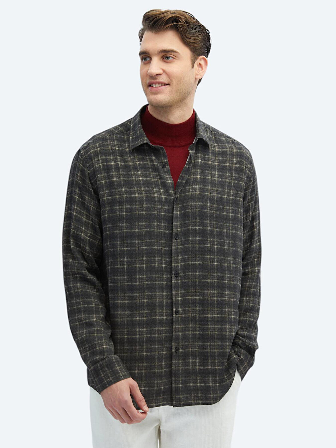 Antrasit Kareli Regular Fit Dokuma Casual Gömlek