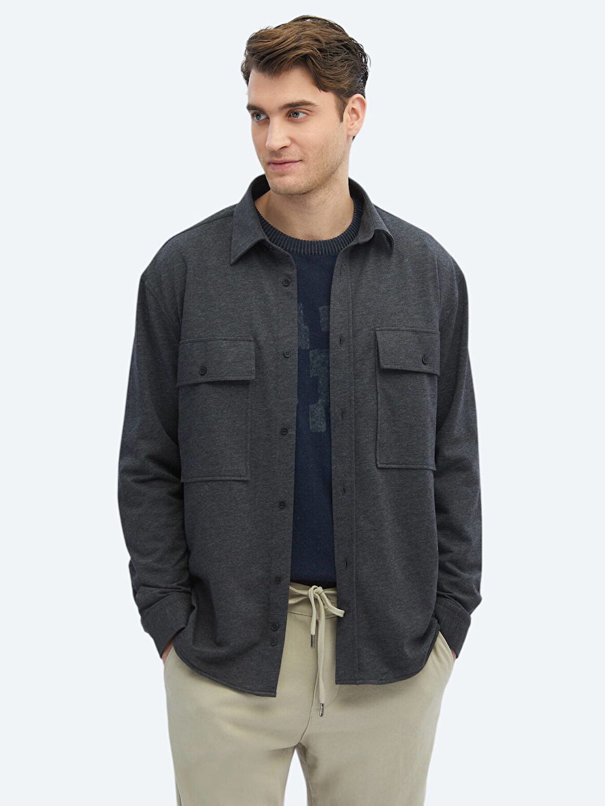 Antrasit Düz Oversize Fit Casual Pamuk Karışımlı Gömlek