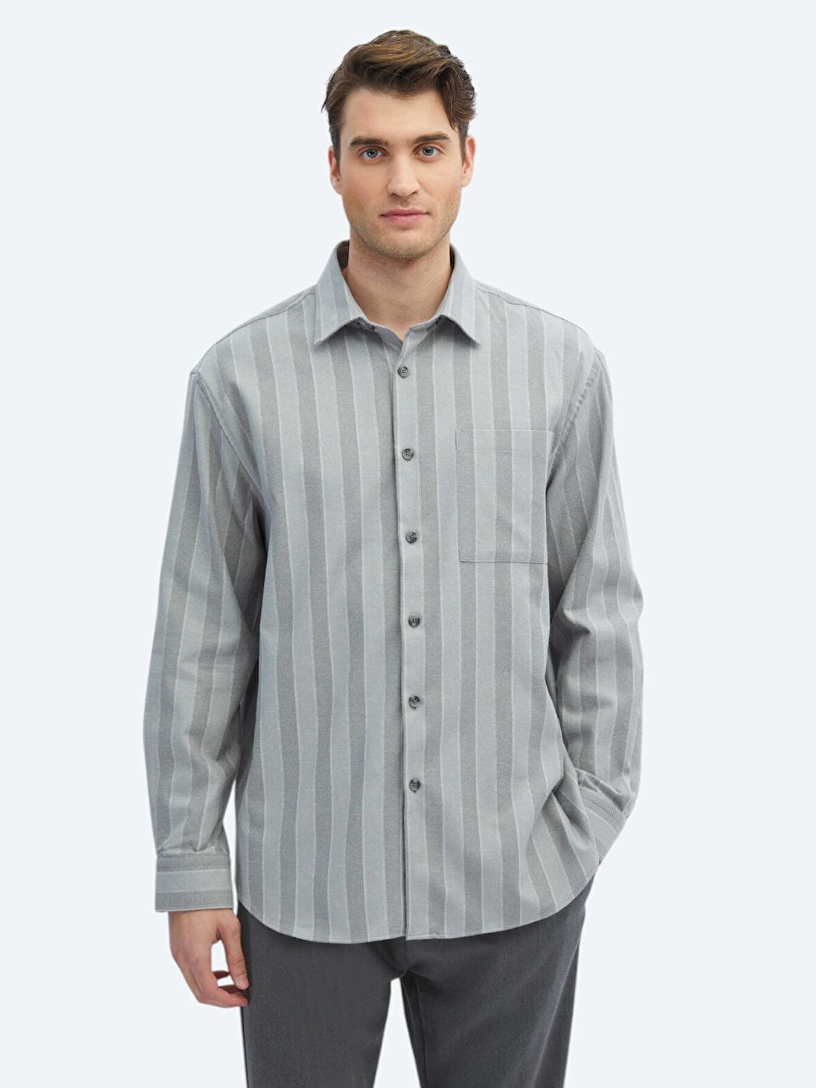 Gri Çizgili Oversize Fit Dokuma Casual Pamuk Karışımlı Gömlek