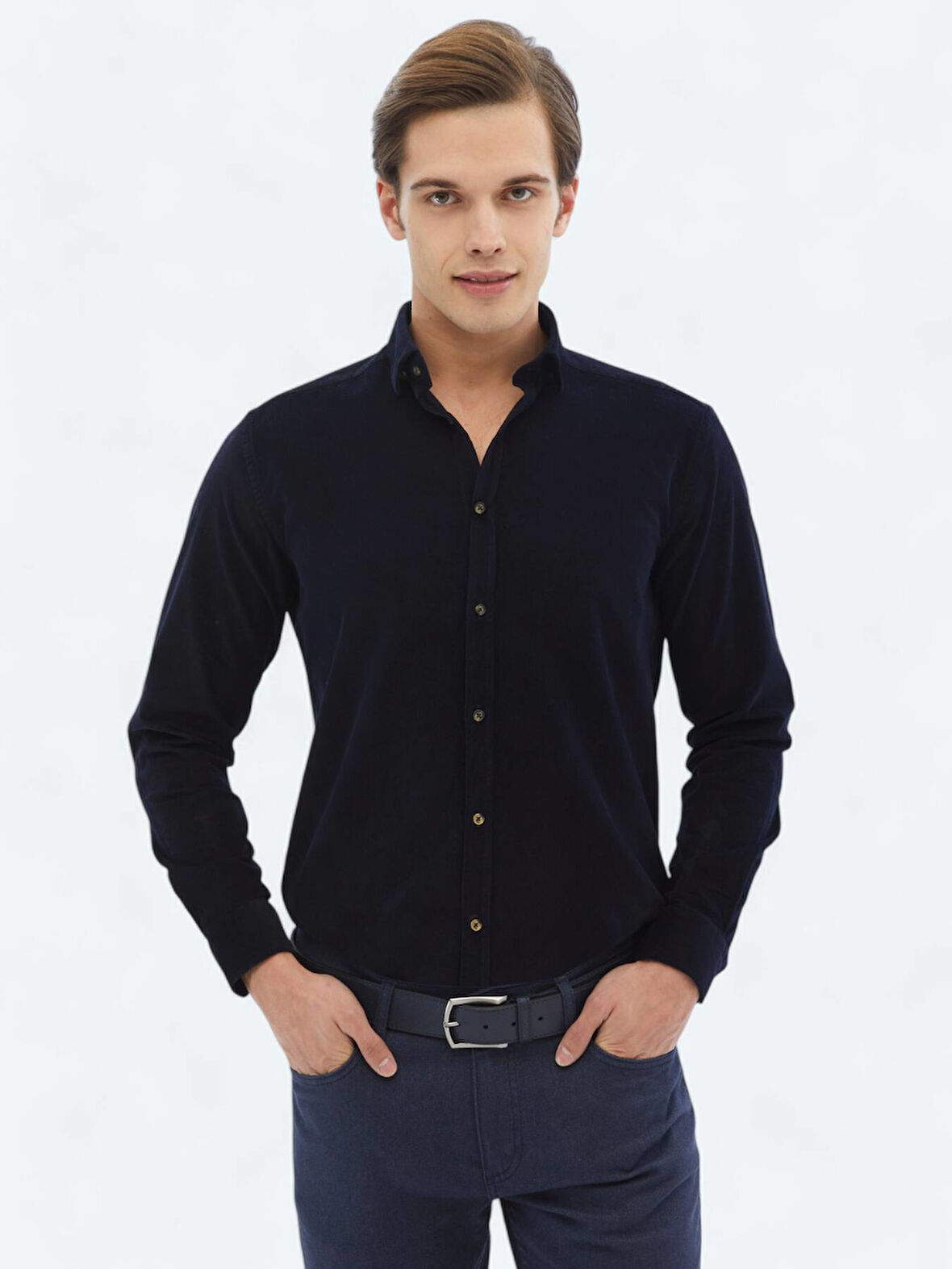 Lacivert Fitilli Regular Fit Dokuma Kadife Casual %100 Pamuk Gömlek