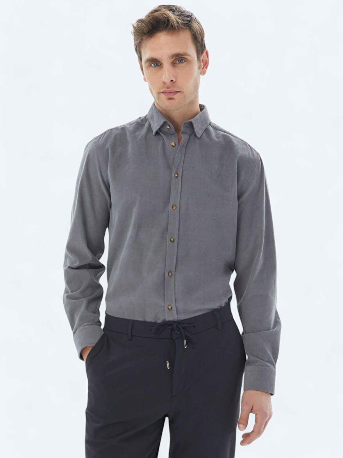 Gri Fitilli Regular Fit Dokuma Kadife Casual %100 Pamuk Gömlek