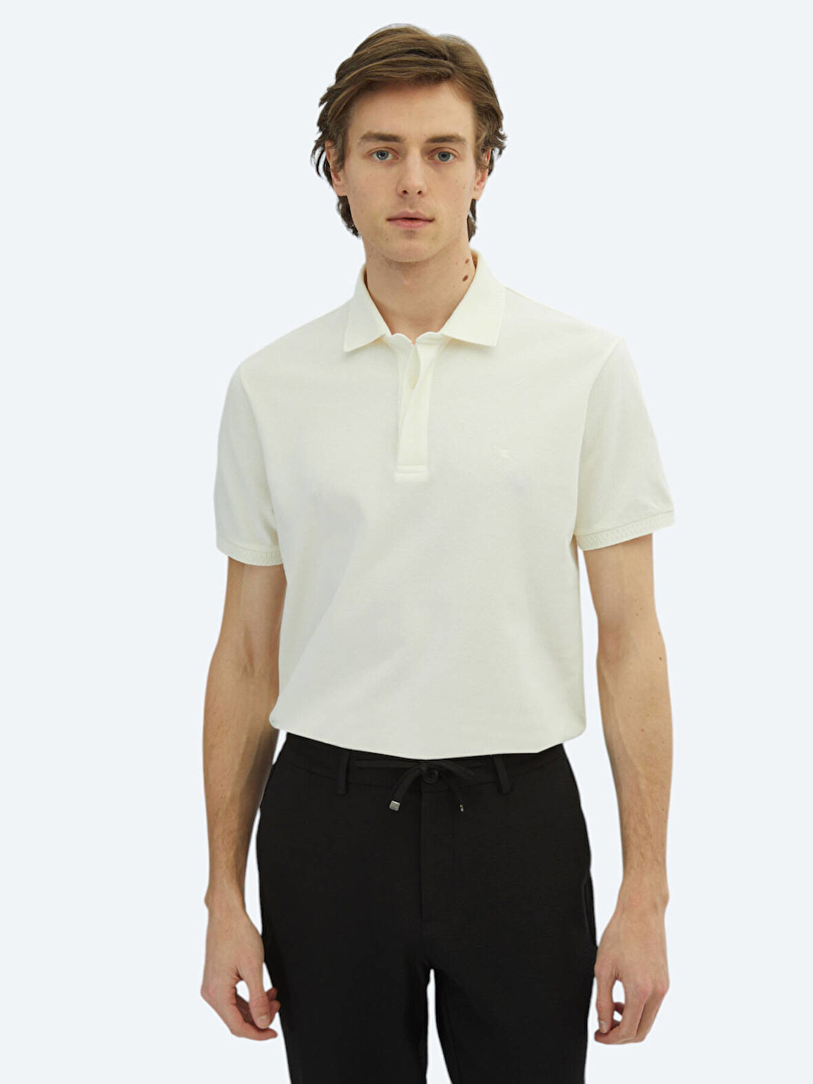 Kırık Beyaz Düz Polo Yaka %100 Pamuk T-Shirt