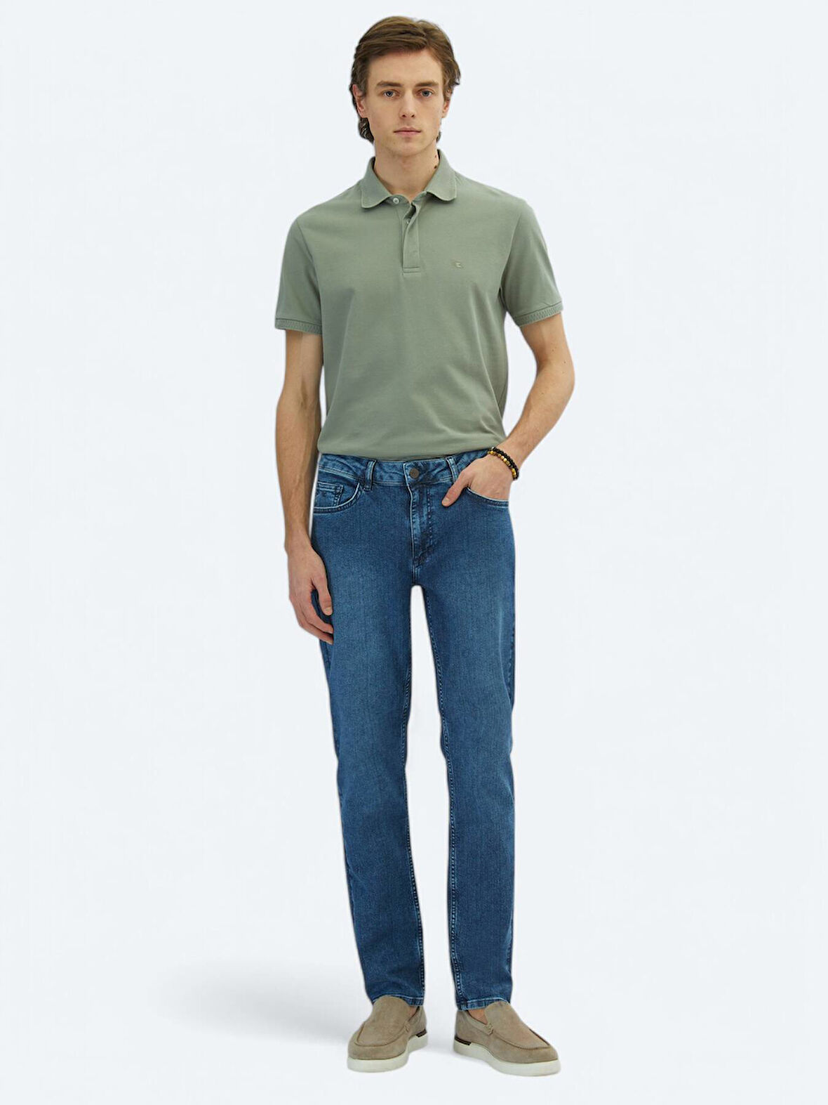 Orta Mavi Slim Fit Çevre Dostu Denim Pamuk Karışımlı Pantolon