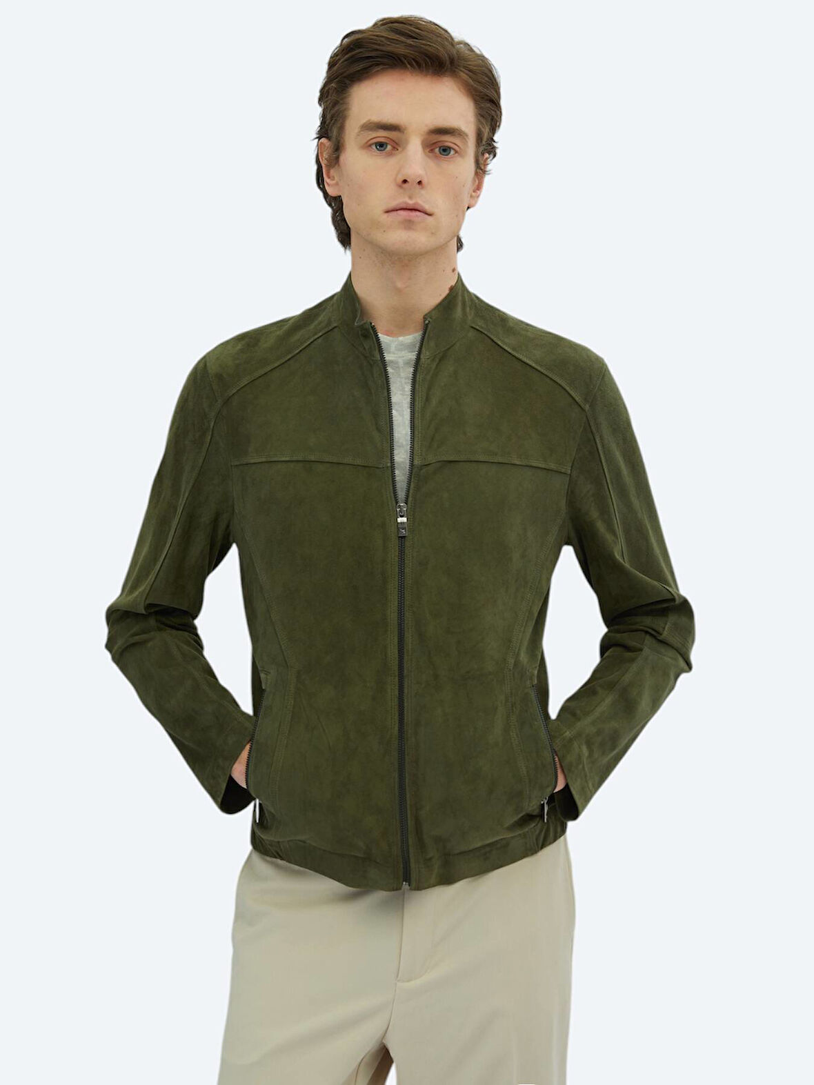 Haki Regular Fit Dik Yaka Smart Casual Deri Mont