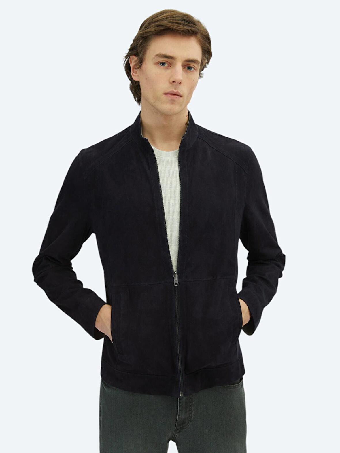 Lacivert Regular Fit Dik Yaka Smart Casual Deri Çift Taraflı Deri Mont