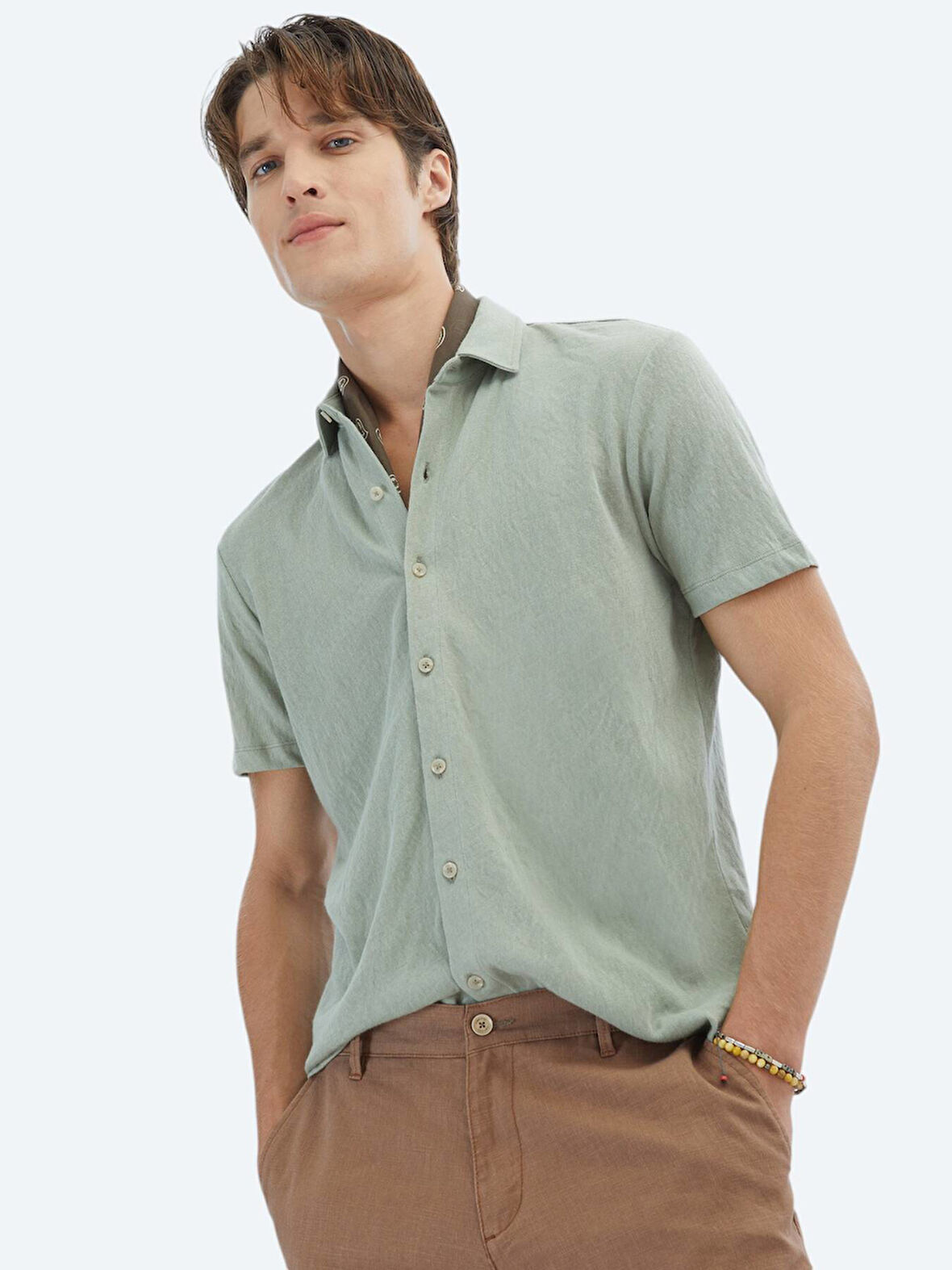 Açık Haki Düz Regular Fit Casual Pamuk Karışımlı Gömlek