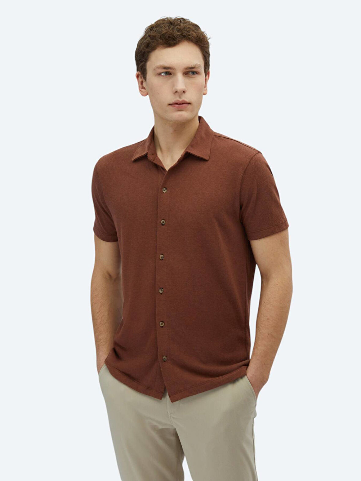 Kahverengi Düz Regular Fit Casual Pamuk Karışımlı Gömlek