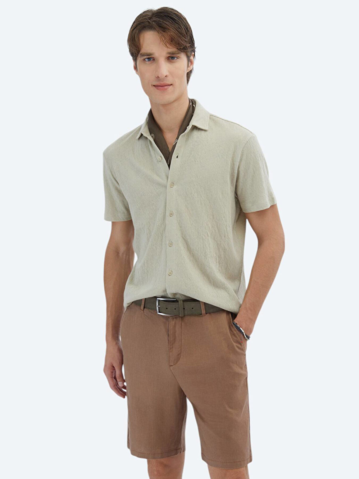 Bej Düz Regular Fit Casual Pamuk Karışımlı Gömlek