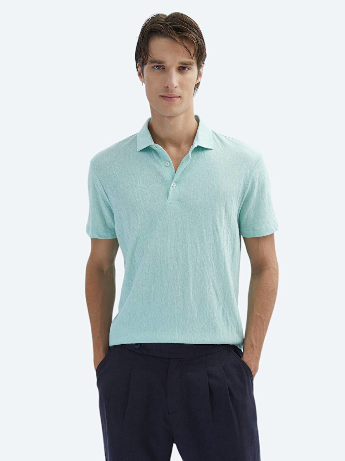 Su Yeşili Düz Polo Yaka Pamuk Karışımlı T-Shirt