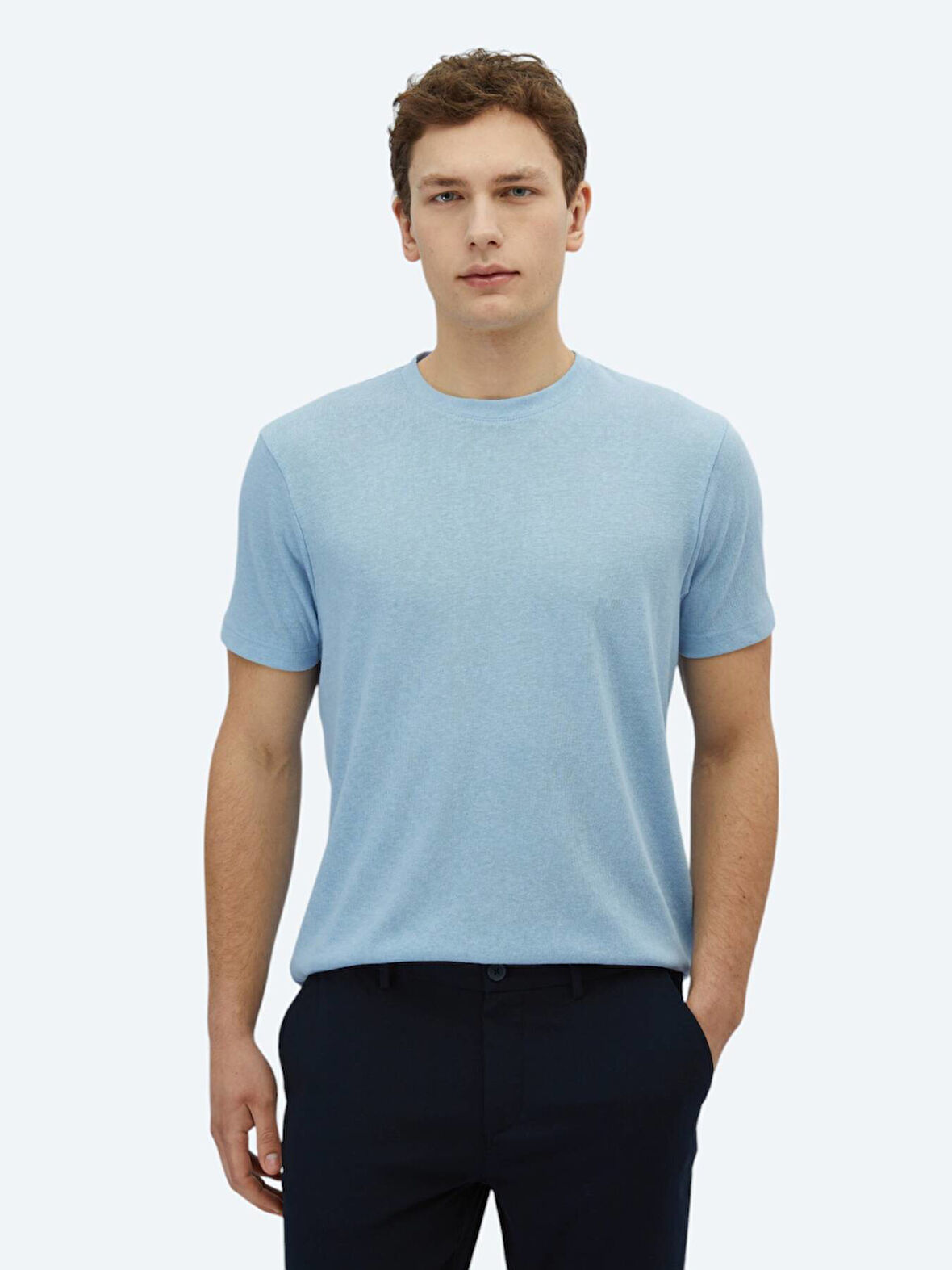 Mavi Düz Bisiklet Yaka Pamuk Karışımlı T-Shirt