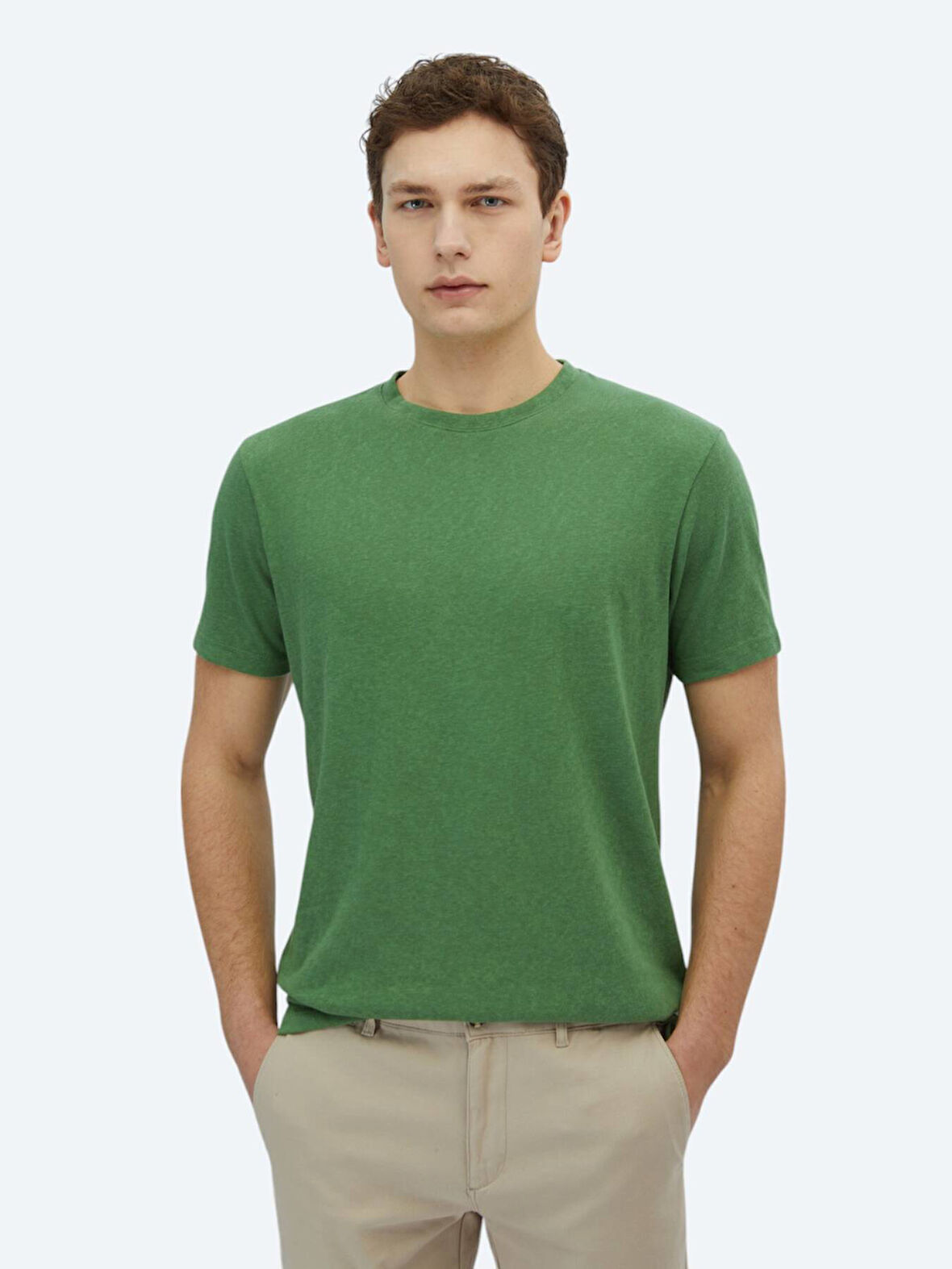 Fıstık Yeşili Düz Bisiklet Yaka Pamuk Karışımlı T-Shirt